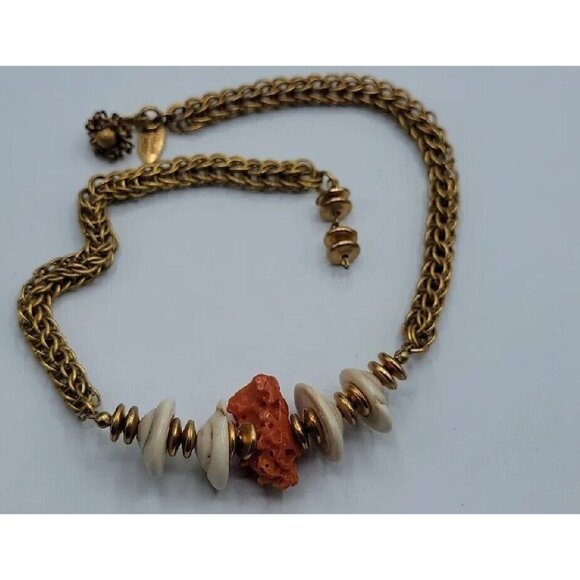 Miriam Haskell Puka Shell Raw Coral Necklace Vintage 15" Gold Tone Wheat Chain - Picture 16 of 16